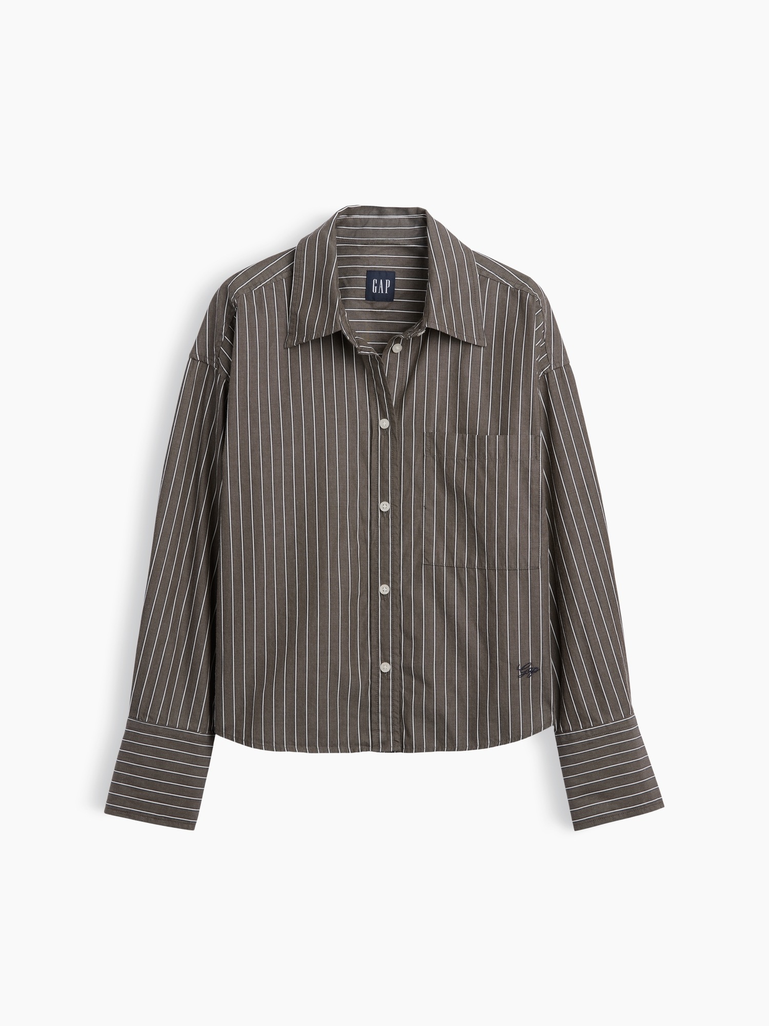 Женская рубашка Gap Organic Cotton Poplin Oversized Crop Shirt, цвет: Коричневый полосатый — фото 5