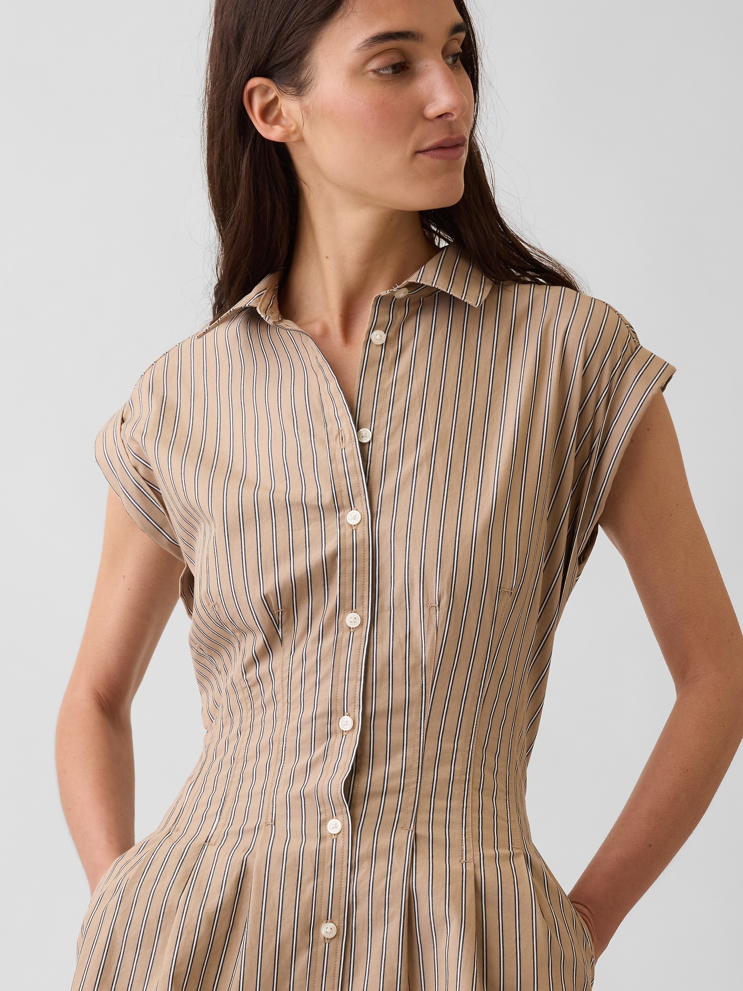 Poplin Stripe Cinched Mini Shirtdress