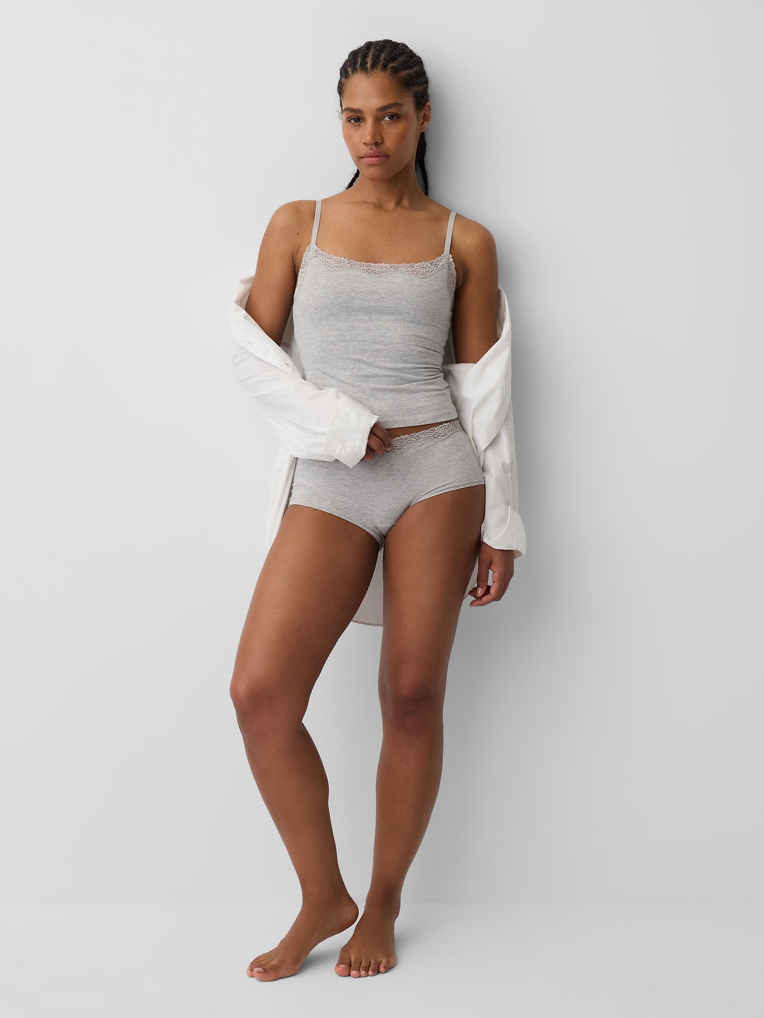 Женский топ Gap Organic Stretch Cotton Lace-Trim Shelf-Bra Cami, цвет: Меланжевый серый — фото 3