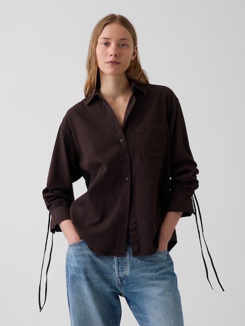 Denim Oversized Ruched-Sleeve Shirt