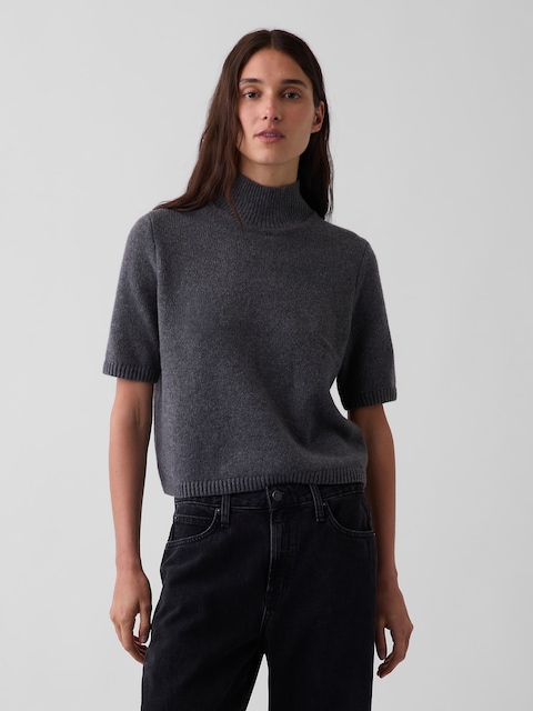 CashSoft Mockneck Elbow-Sleeve Sweater