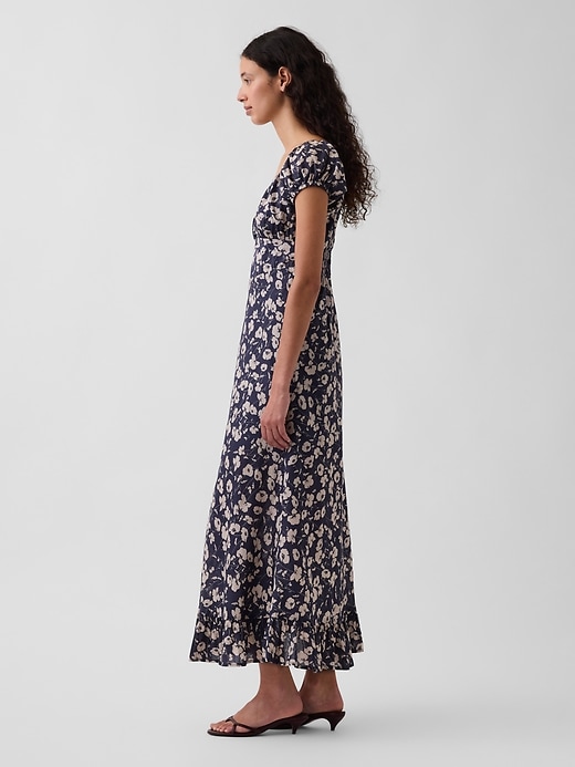 ruffle v neck maxi dress in navy Navy Blue Ruffled Tie-Back Maxi Dress | Womens | 2X (Available in 1X, M, L) | 100% Polyester | Lulus