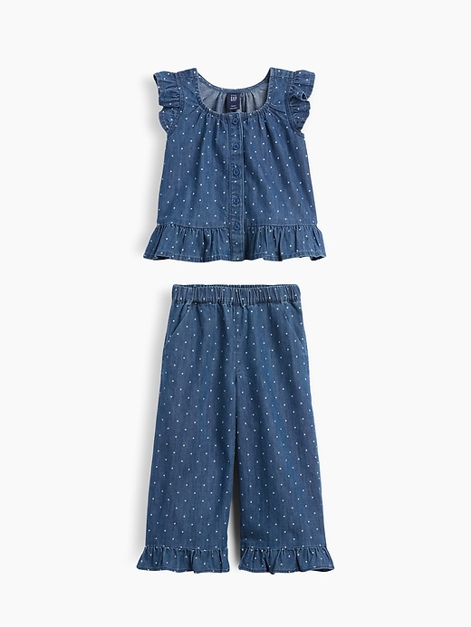 Image number 1 showing, Baby Denim Dot Ruffle Outfit Set