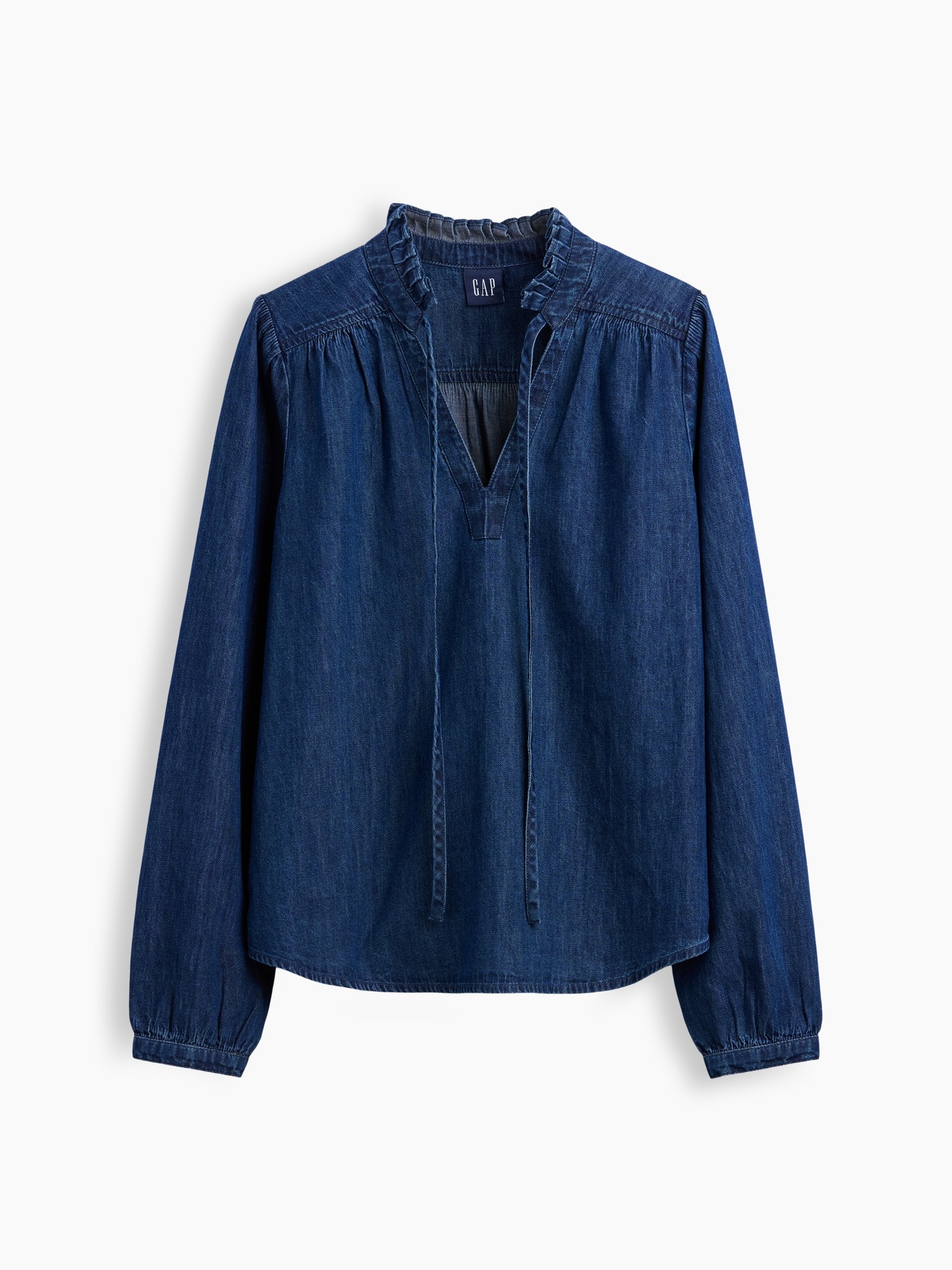 Женская рубашка Gap Denim Tie-Neck Popover, цвет: Тёмная варка — фото 5