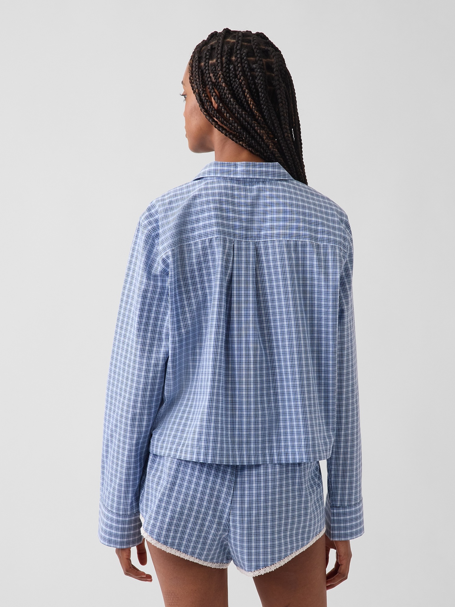 Женская рубашка Gap Poplin Oversized Crop PJ, цвет: Синий клетчатый — фото 3