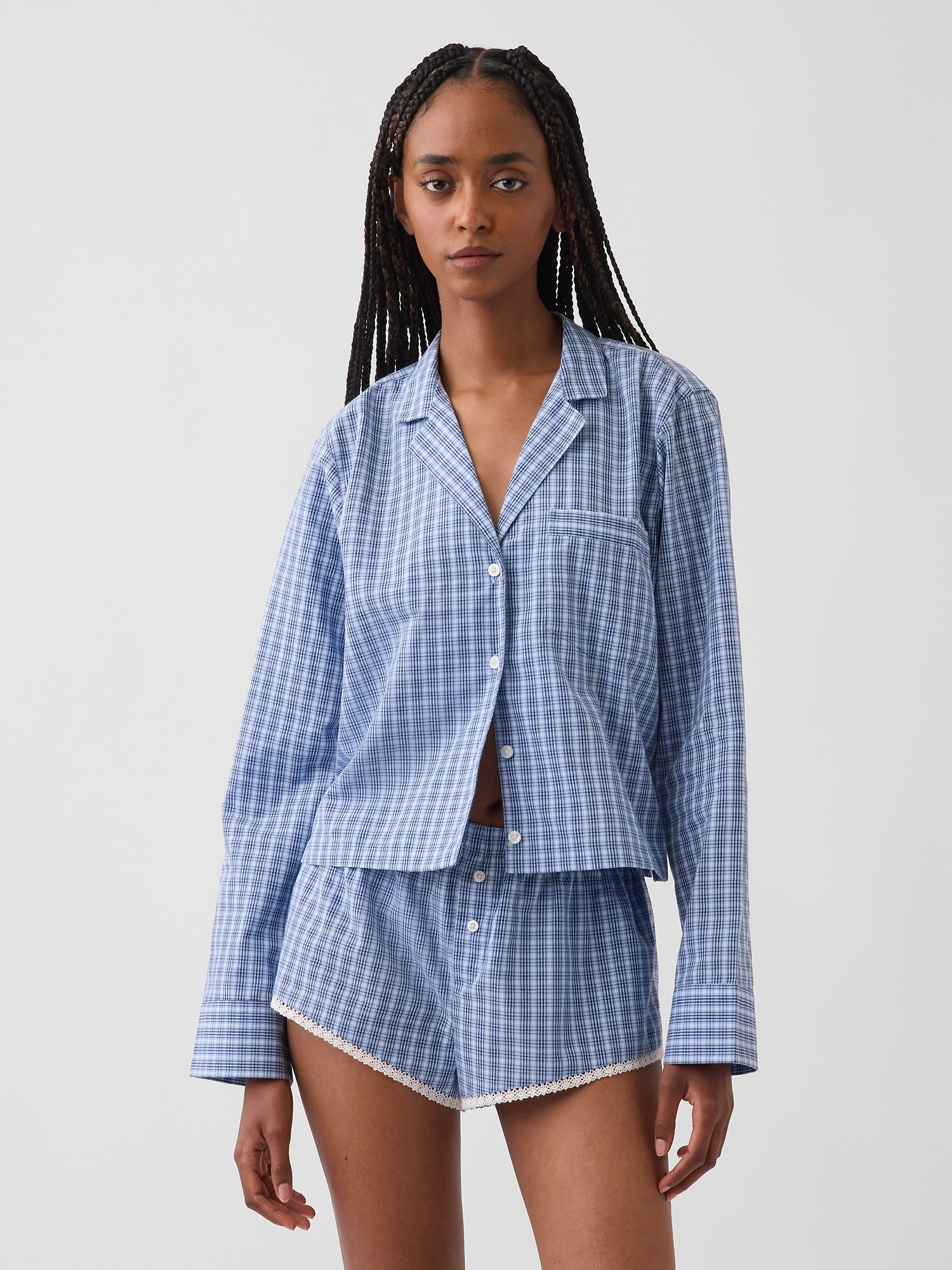 Женская рубашка Gap Poplin Oversized Crop PJ, цвет: Синий клетчатый