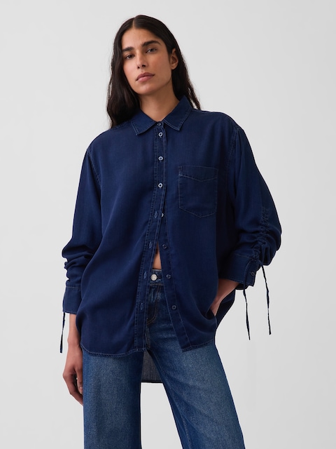 Denim Oversized Ruched-Sleeve Shirt