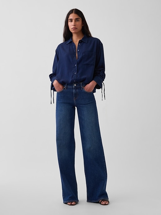 Image number 2 showing, Denim Oversized Ruched-Sleeve Shirt