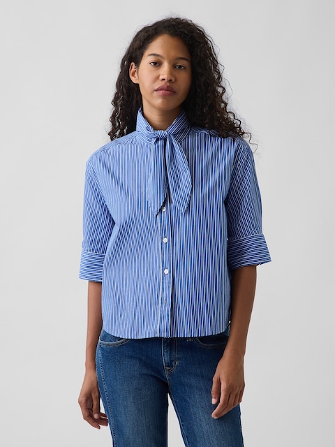 Organic Cotton Poplin Tie-Neck Shirt