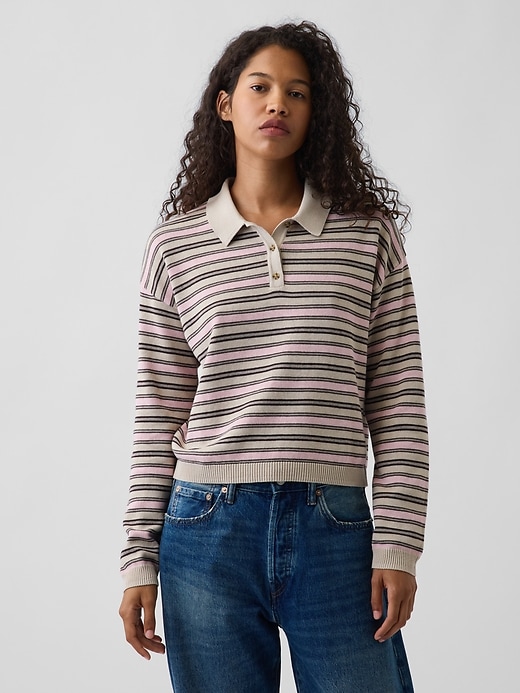 Image number 1 showing, 100% Cotton Relaxed Polo Sweater