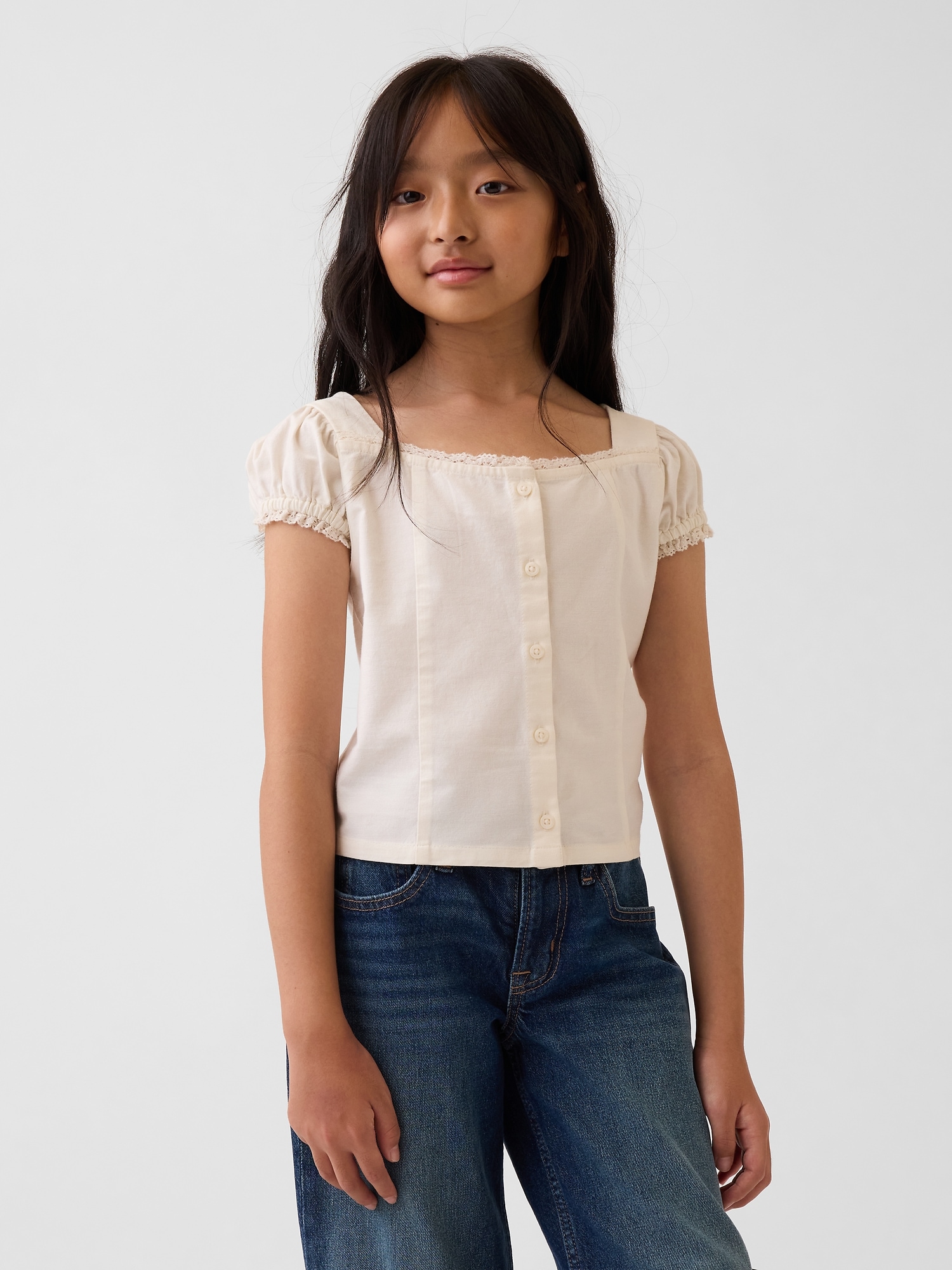 Lace-Trim Button-Front Top