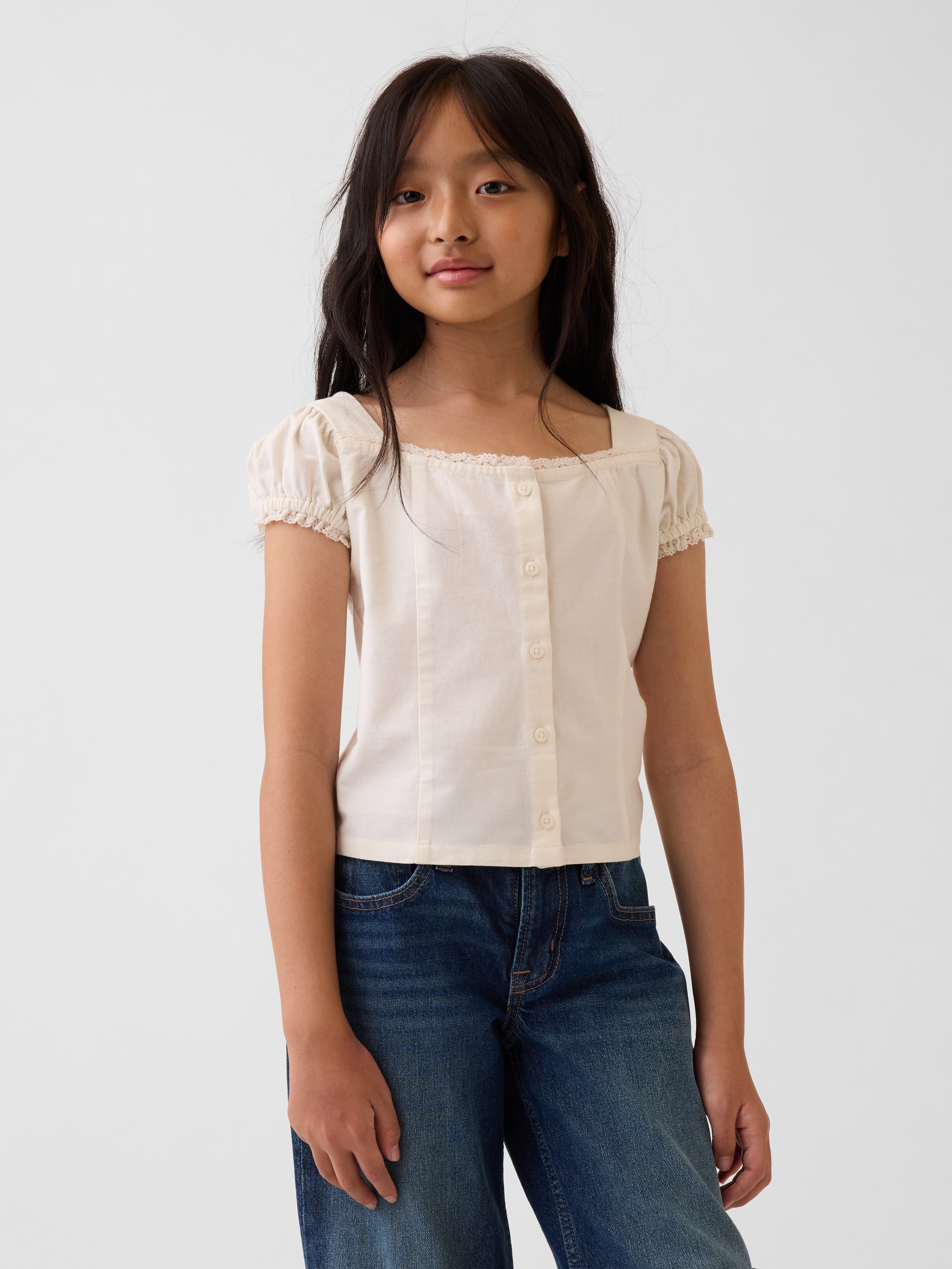 Lace-Trim Button-Front Top