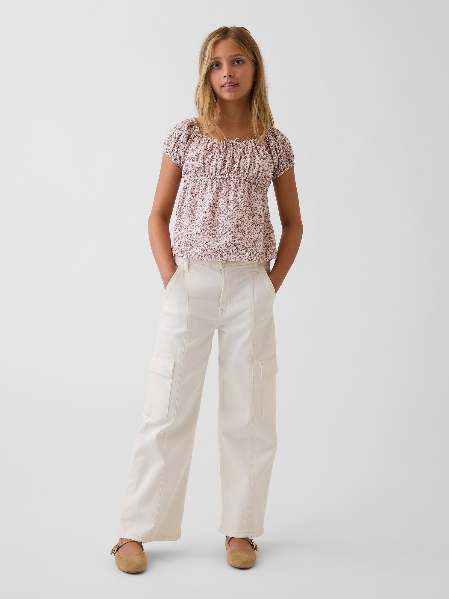 Детский топ Gap Puff-Sleeve Top, цвет: Бордовый с принтом — фото 4