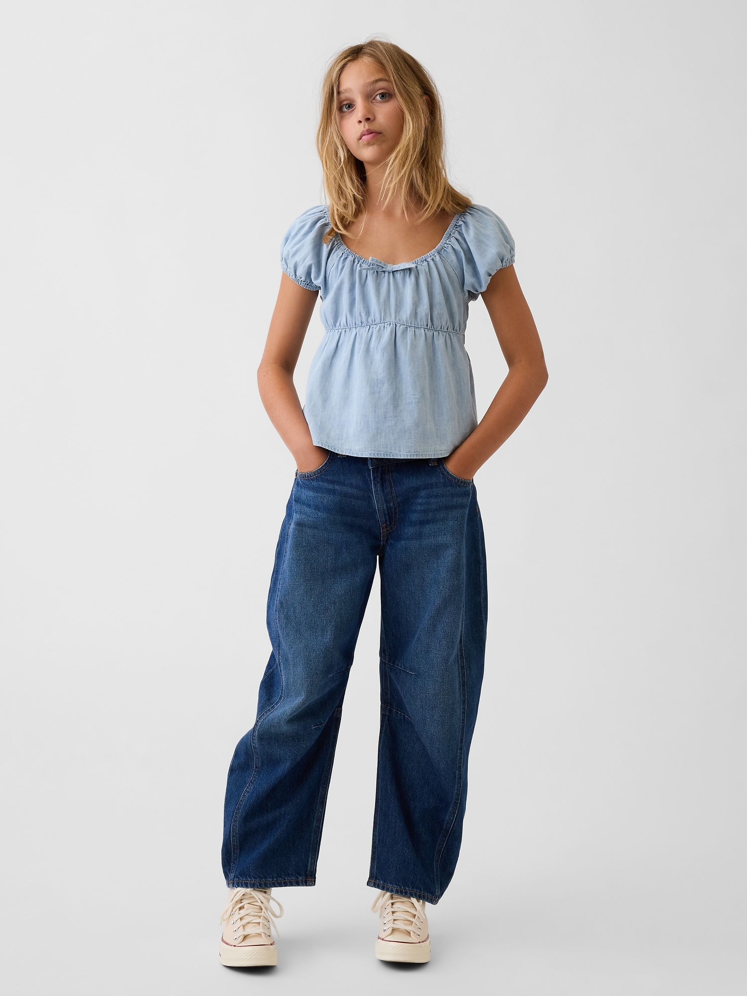 Kids Denim Puff-Sleeve Top