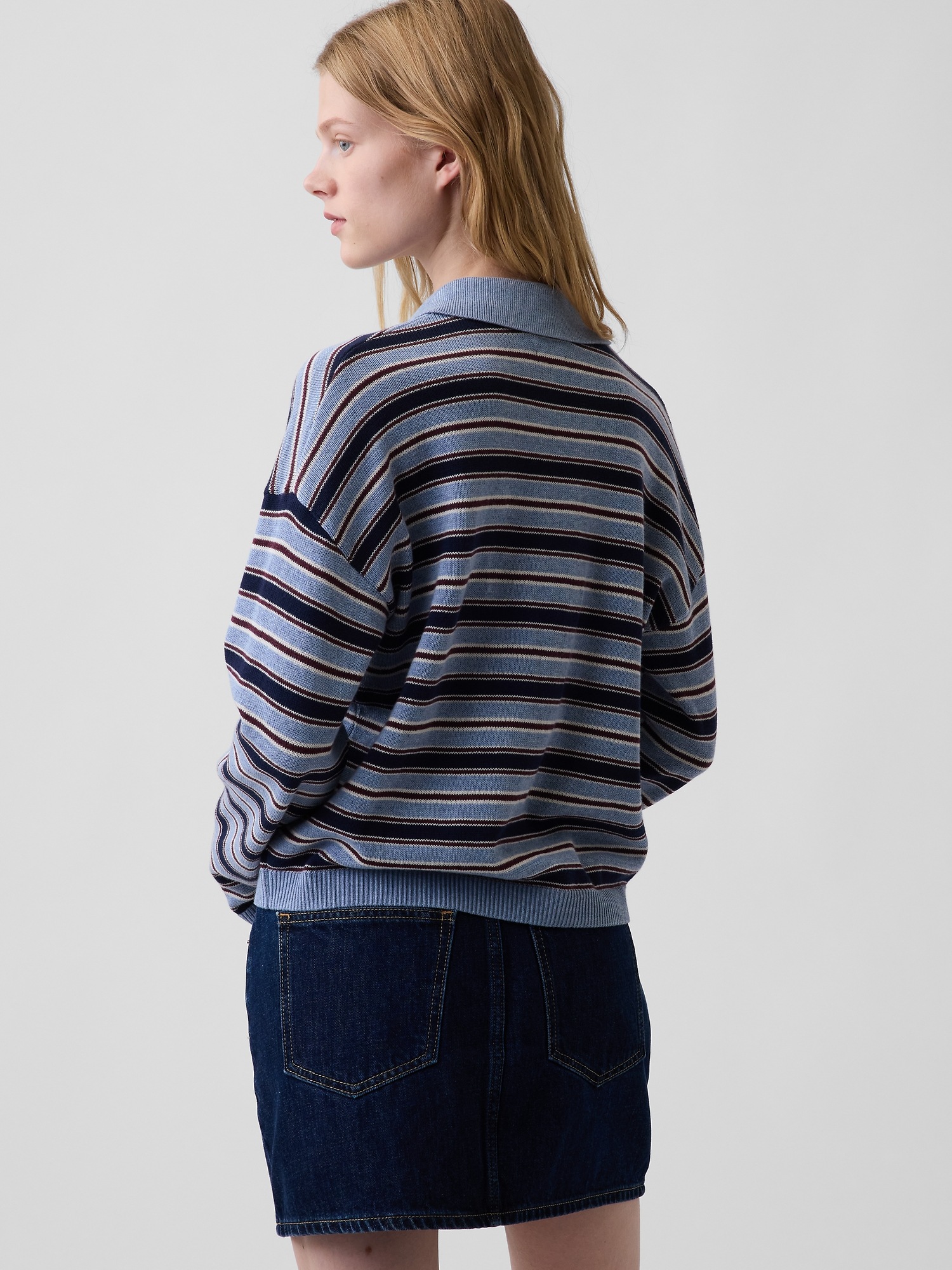 Женский свитер Gap 100% Cotton Relaxed Polo Sweater, цвет: Синий полосатый — фото 3