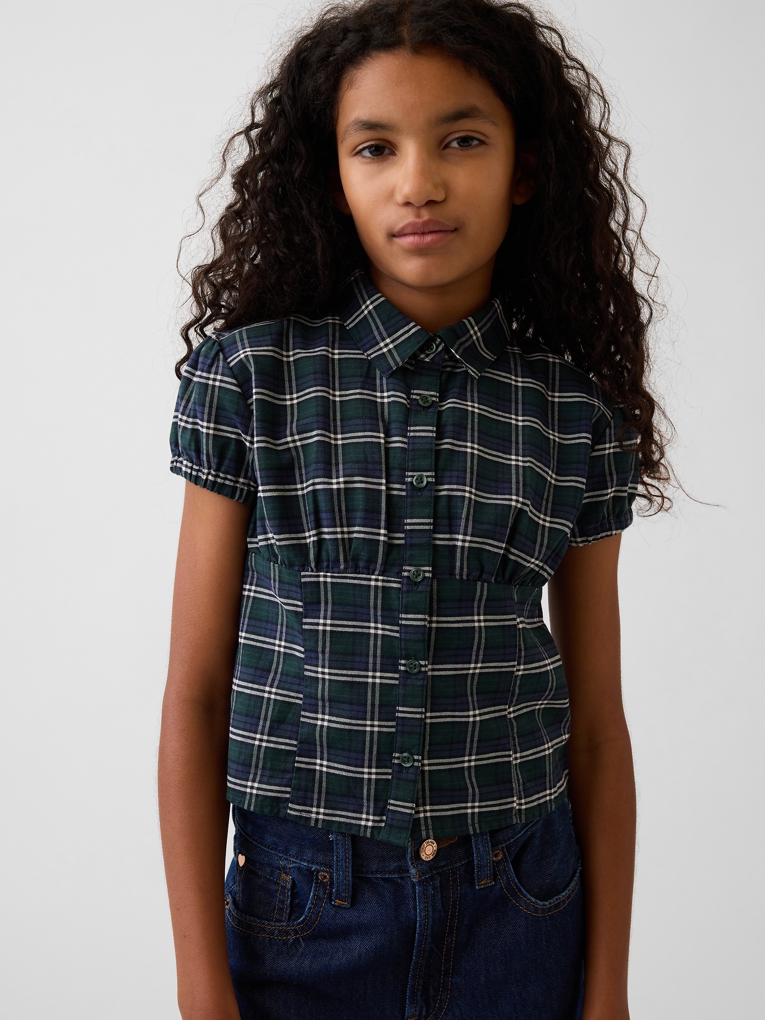 Детский топ Gap Fitted Button-Front Top, цвет: Зелёный синий клетчатый