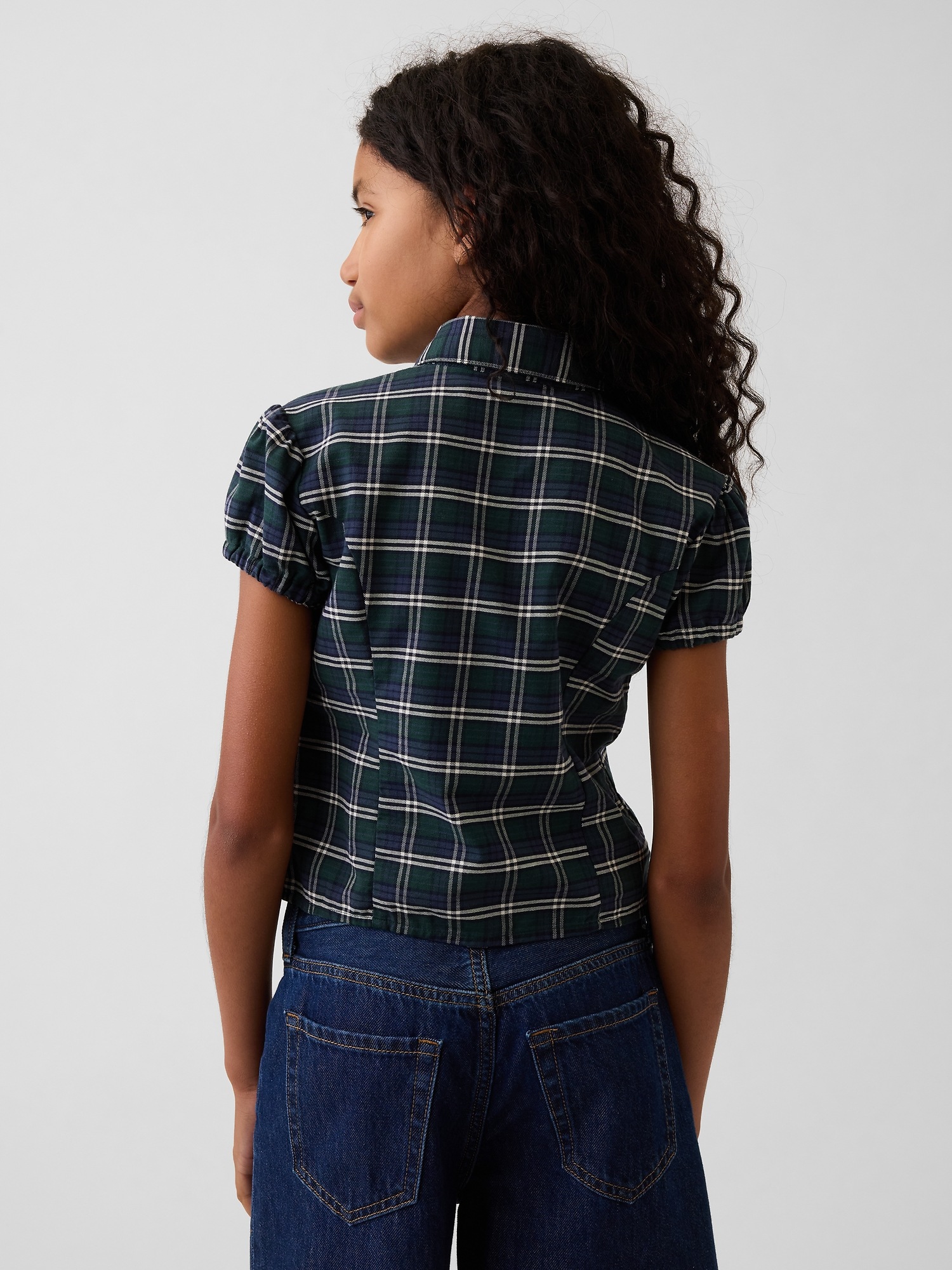 Детский топ Gap Fitted Button-Front Top, цвет: Зелёный синий клетчатый — фото 3
