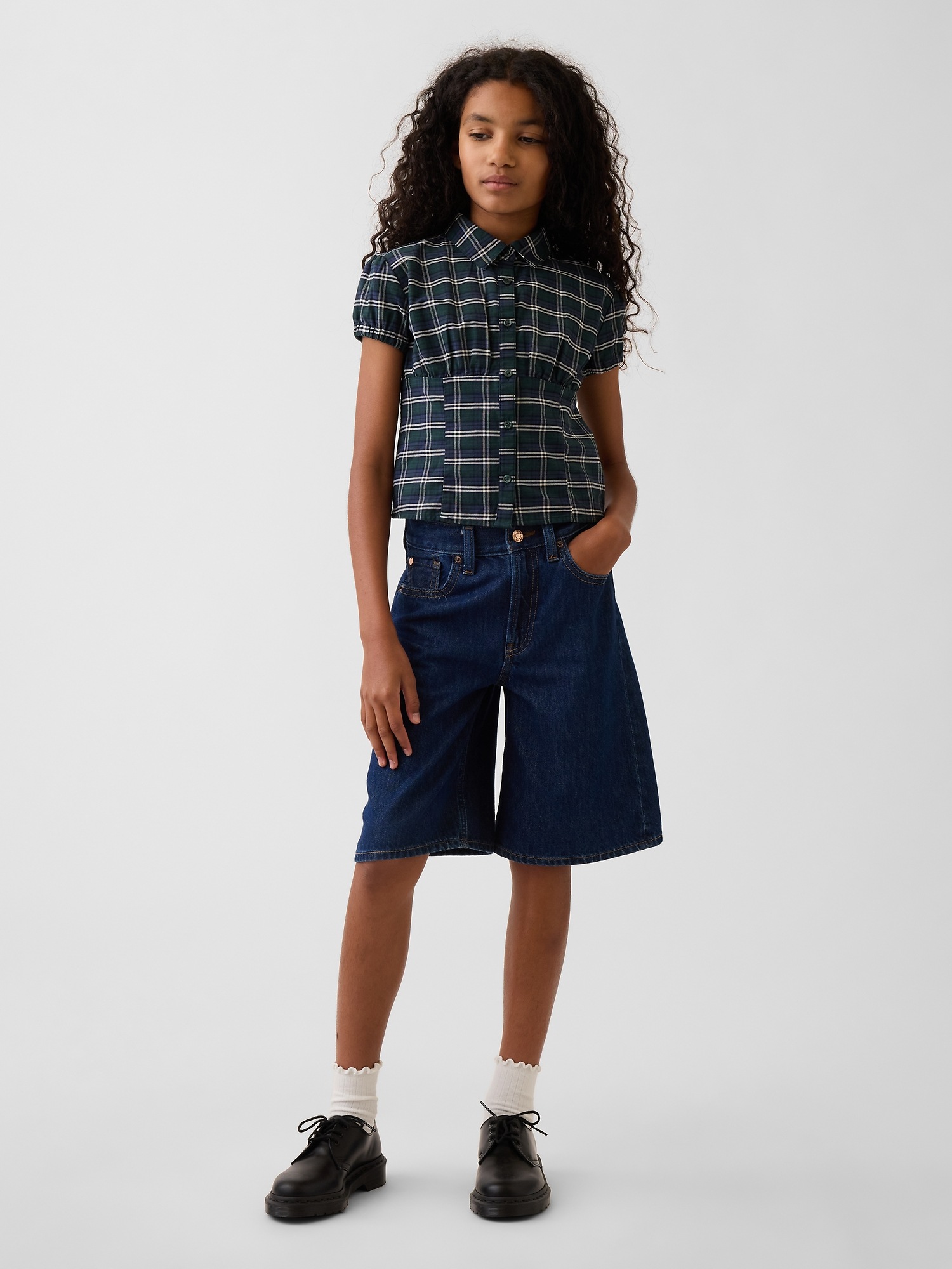 Детский топ Gap Fitted Button-Front Top, цвет: Зелёный синий клетчатый — фото 4