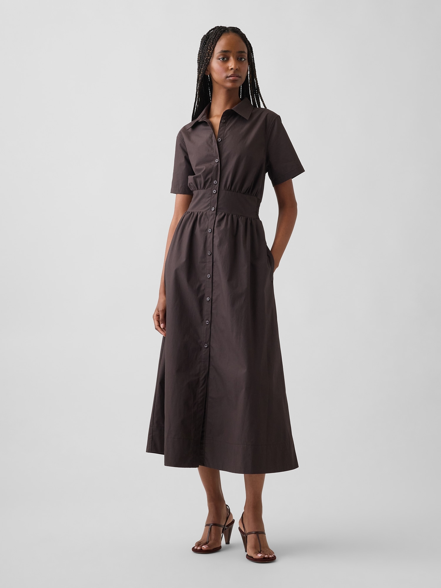 Poplin Smocked-Waist Maxi Shirtdress