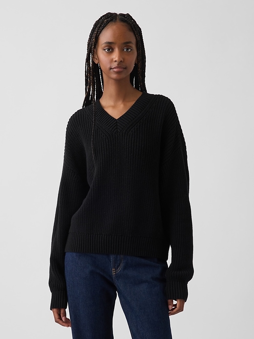Image number 1 showing, 100% Cotton Oversized Shaker V-Neck Sweater