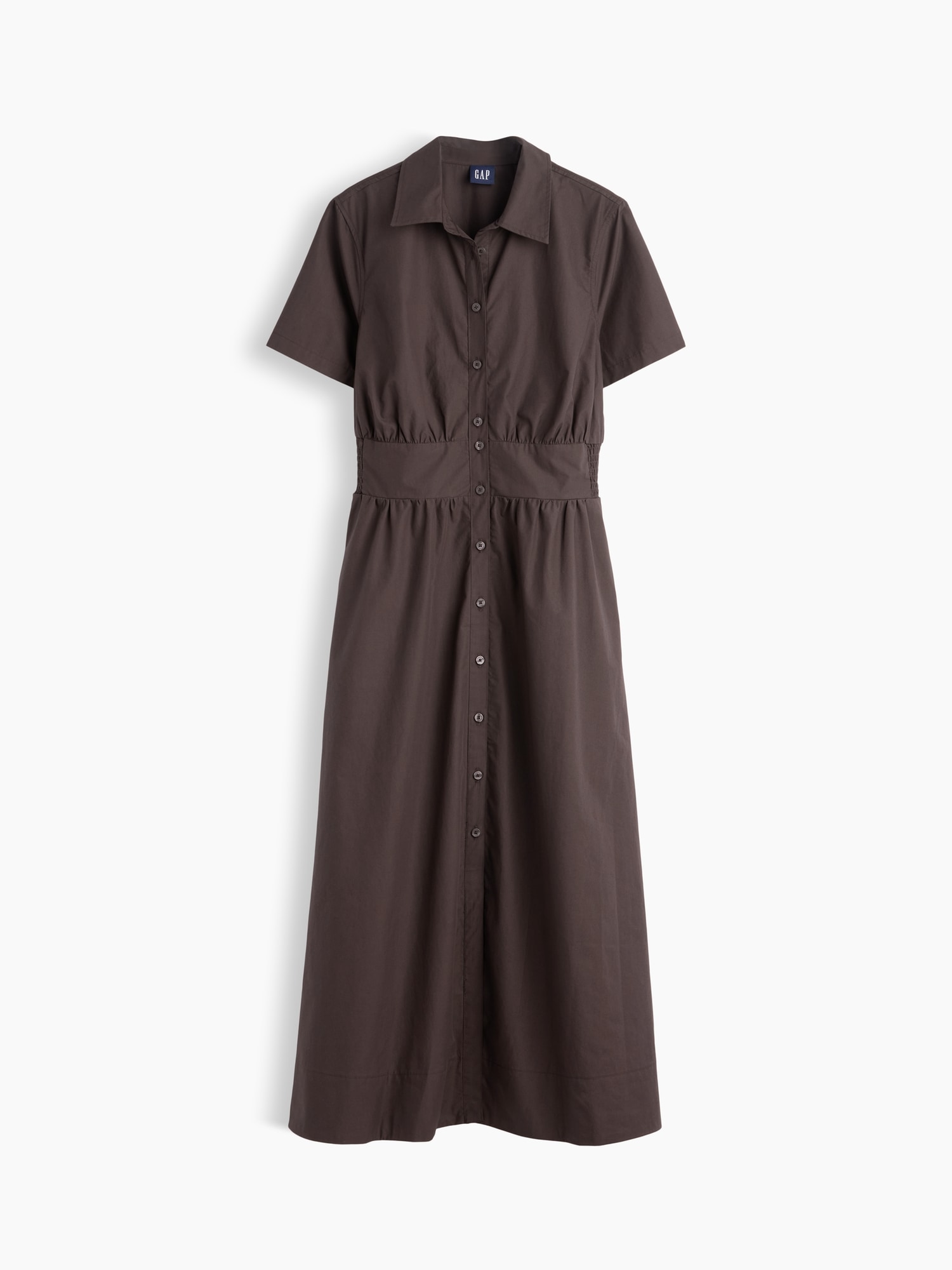 Poplin Smocked-Waist Maxi Shirtdress