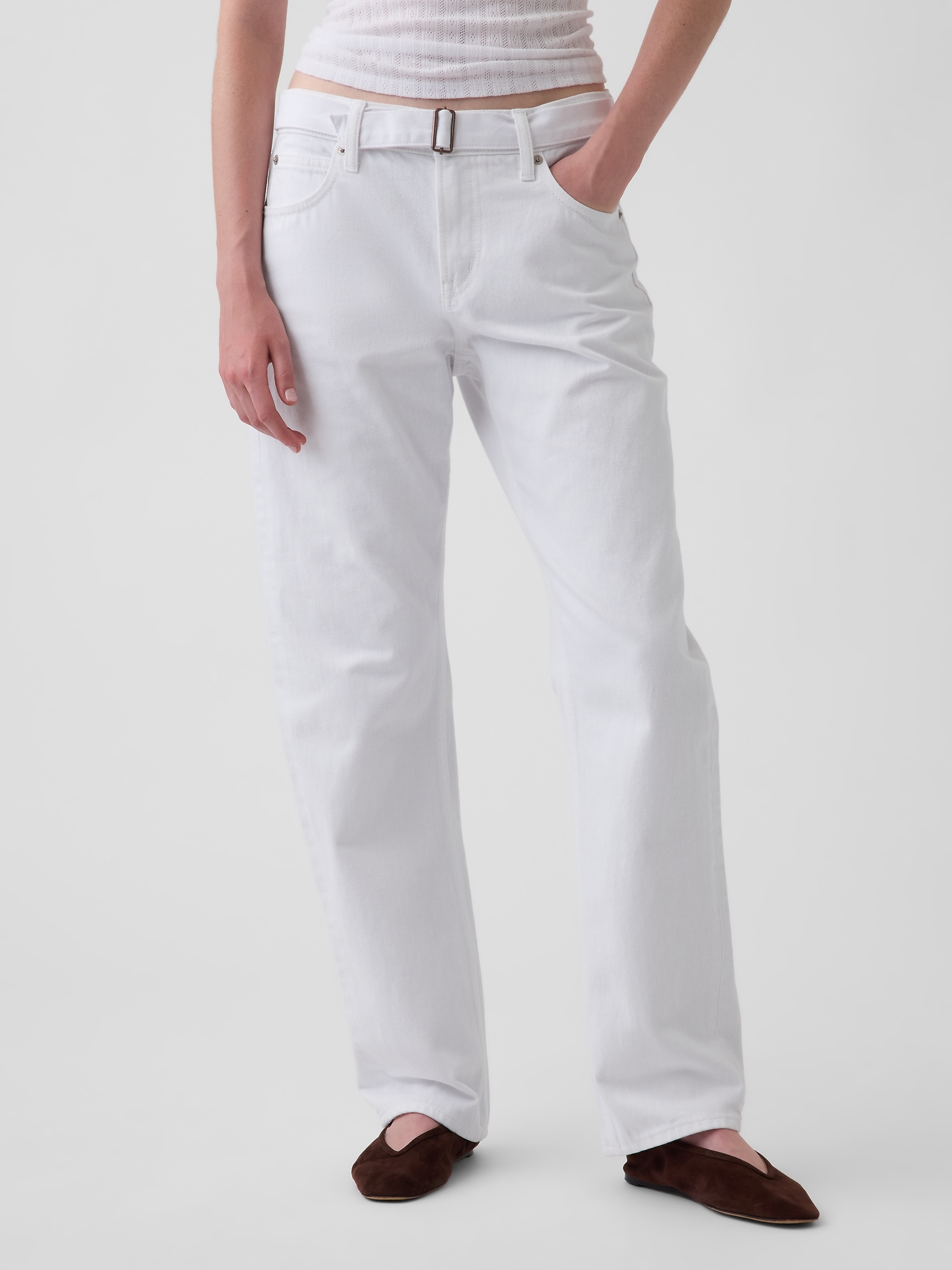 Mid Rise Belted Straight Taper Jeans