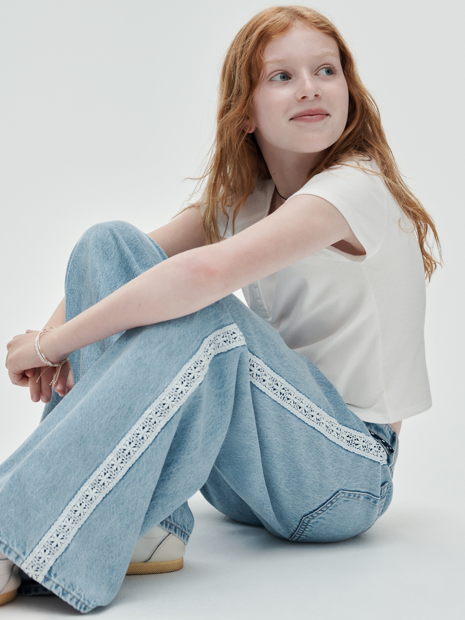 Kids Low Rise Lace-Trim Baggy Jeans