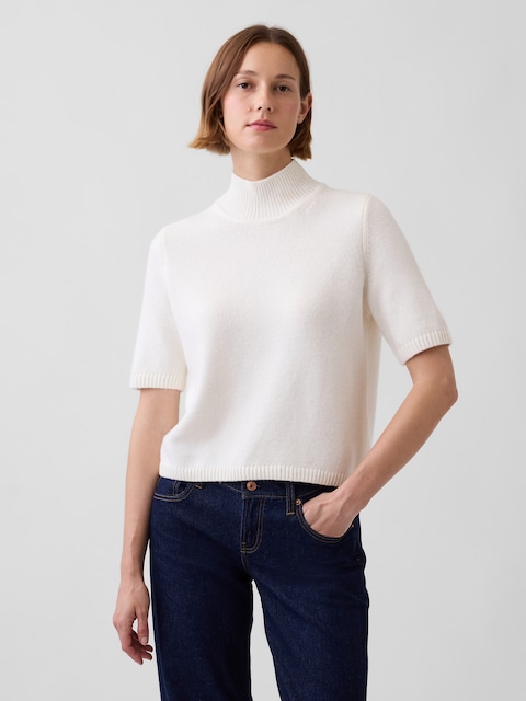 CashSoft Mockneck Elbow-Sleeve Sweater