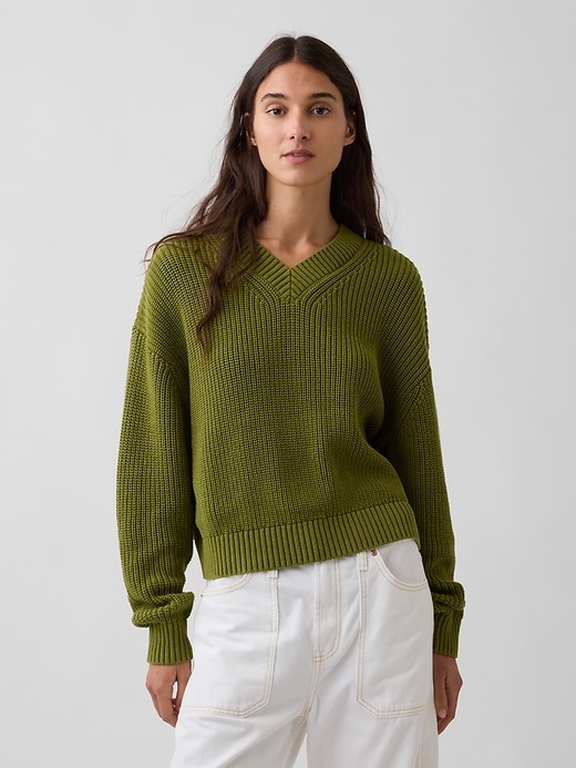 Image number 1 showing, 100% Cotton Oversized Shaker V-Neck Sweater