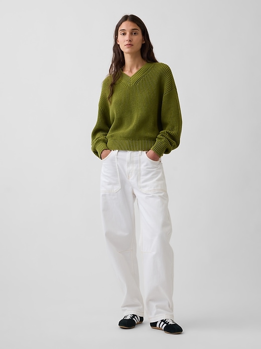 Image number 2 showing, 100% Cotton Oversized Shaker V-Neck Sweater