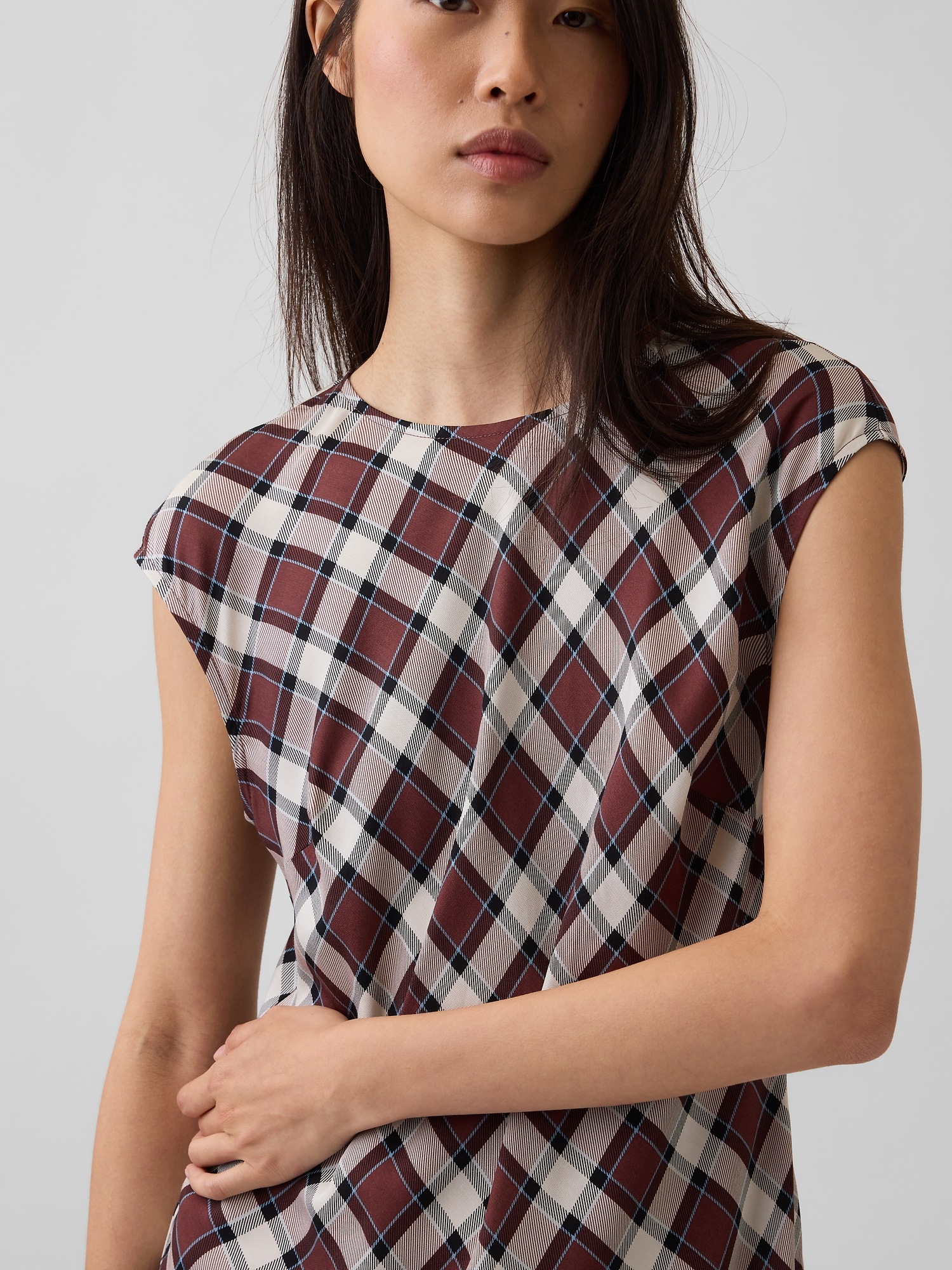 Женское платье Gap Cap-Sleeve Knee-Length, цвет: Фиолетовый бордовый клетчатый — фото 3