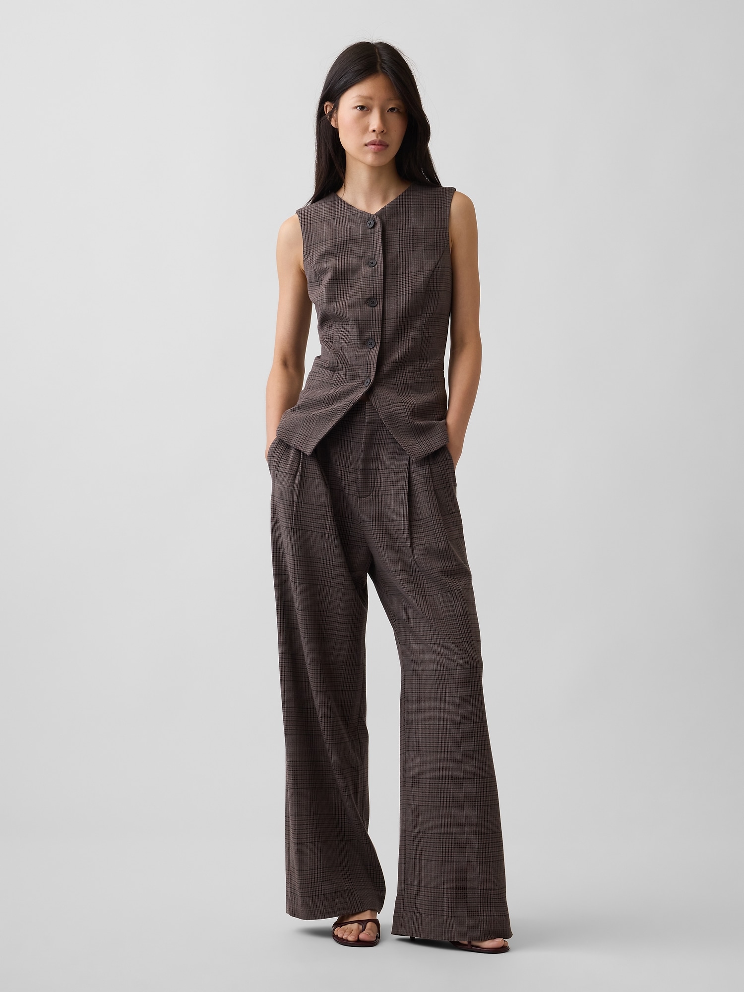 Женский жилет Gap High-Neck Longline Vest, цвет: Коричневый клетчатый — фото 2
