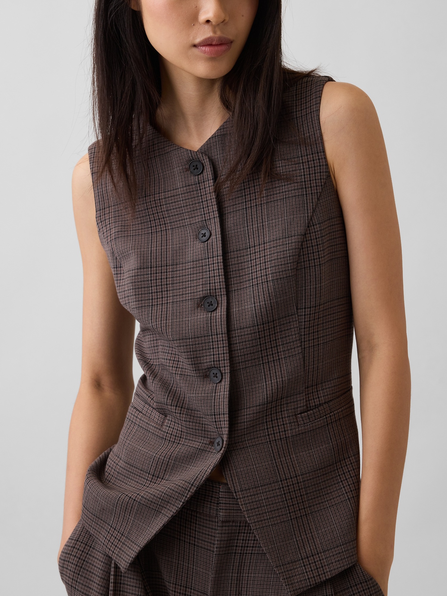 Женский жилет Gap High-Neck Longline Vest, цвет: Коричневый клетчатый — фото 4