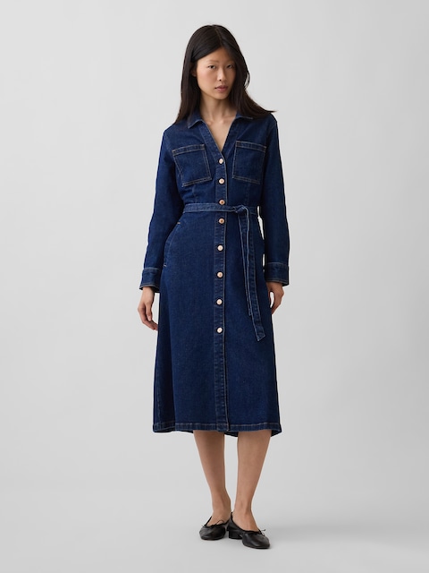 Denim Tie-Belt Midi Dress