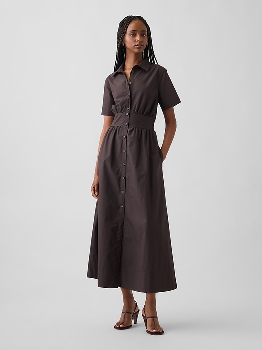Image number 1 showing, Poplin Smocked-Waist Maxi Shirtdress