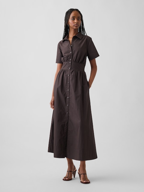 Poplin Smocked-Waist Maxi Shirtdress