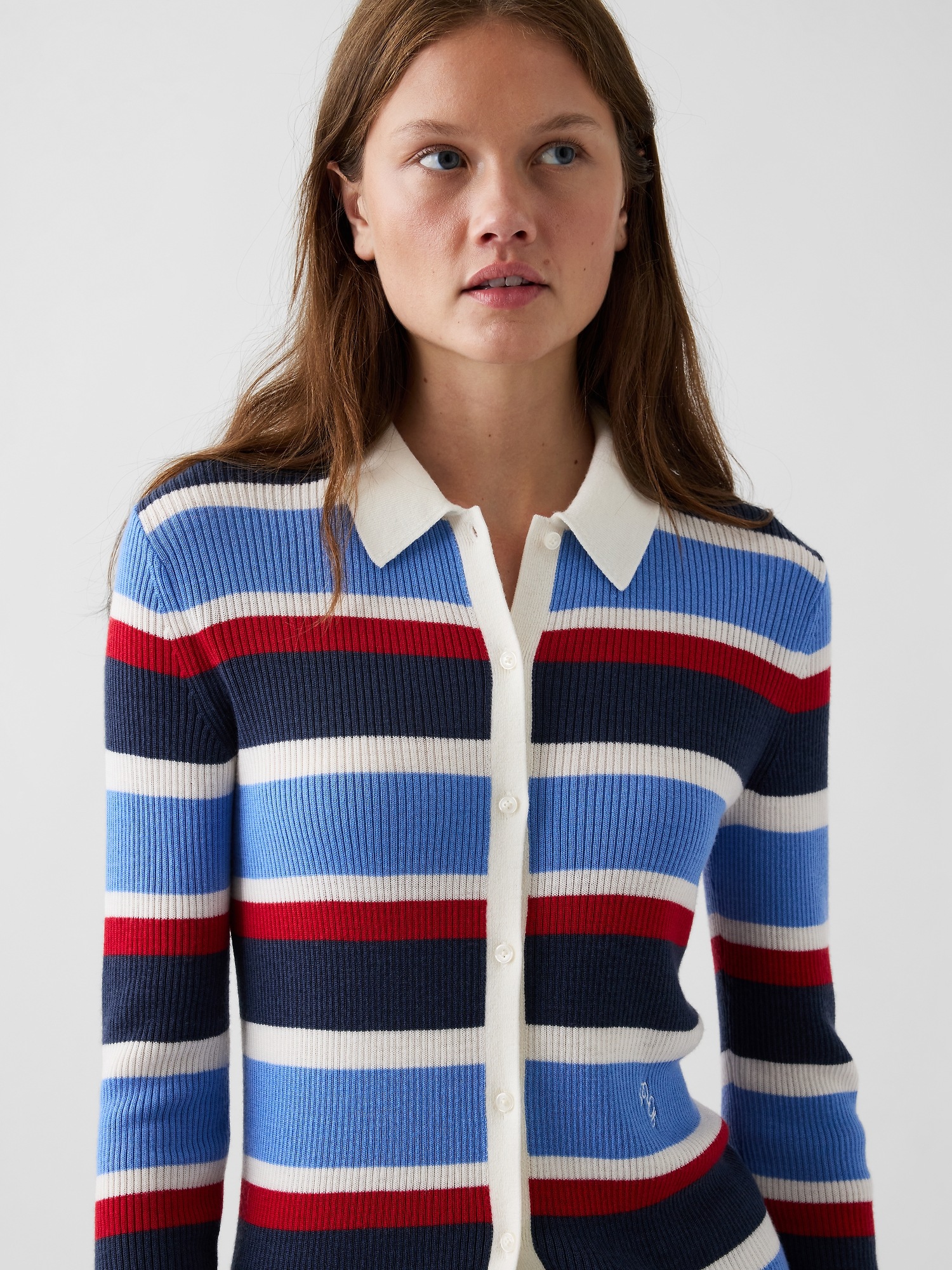 Женский кардиган Gap × Malbon Stripe Polo Cardigan, цвет: Тёмно-синий полосатый — фото 3