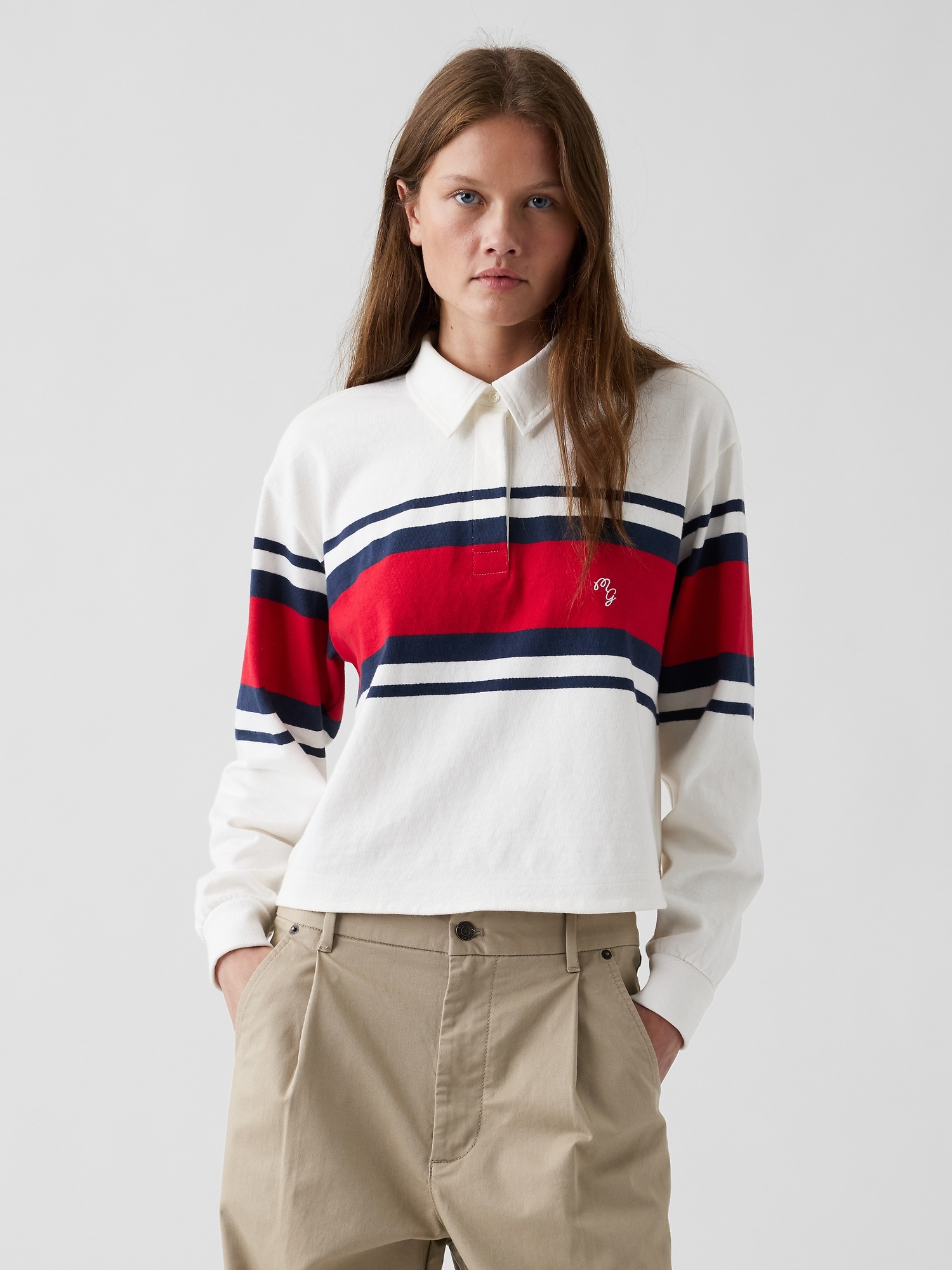 Женская рубашка Gap × Malbon Oversized Crop Rugby Shirt, цвет: Молочный белый