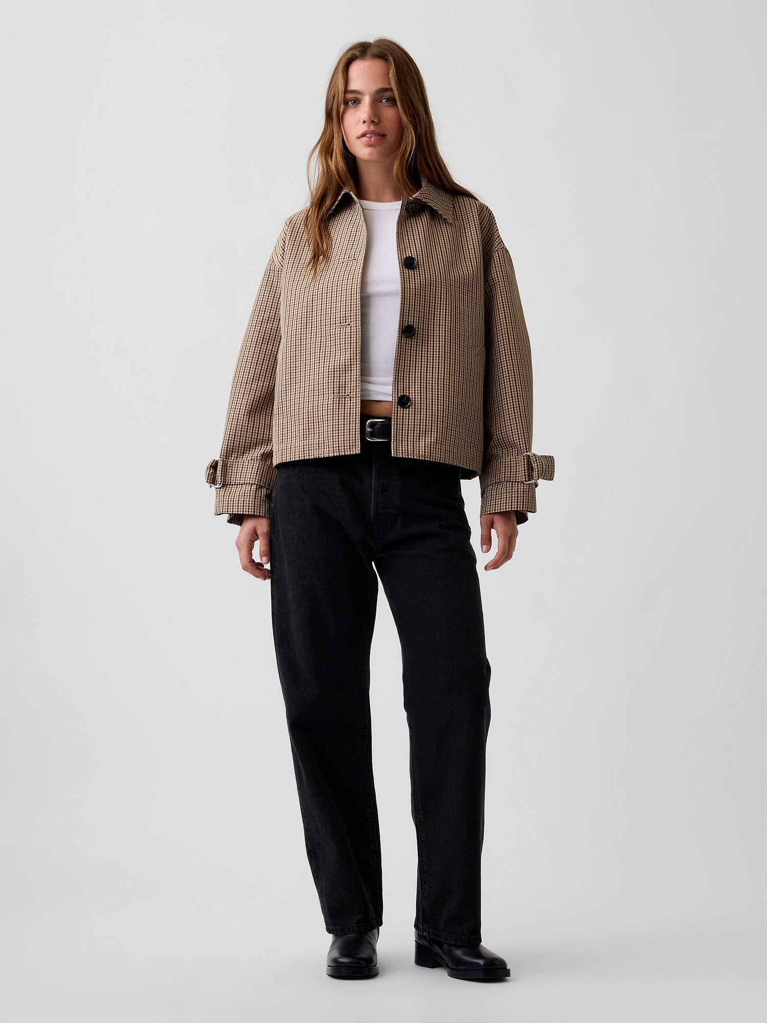 Женская куртка Gap Oversized Crop Trench, цвет: Коричневый клетчатый — фото 2