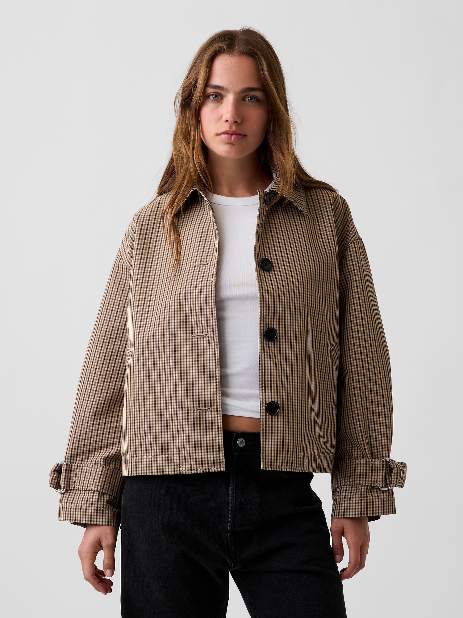 Женская куртка Gap Oversized Crop Trench, цвет: Коричневый клетчатый