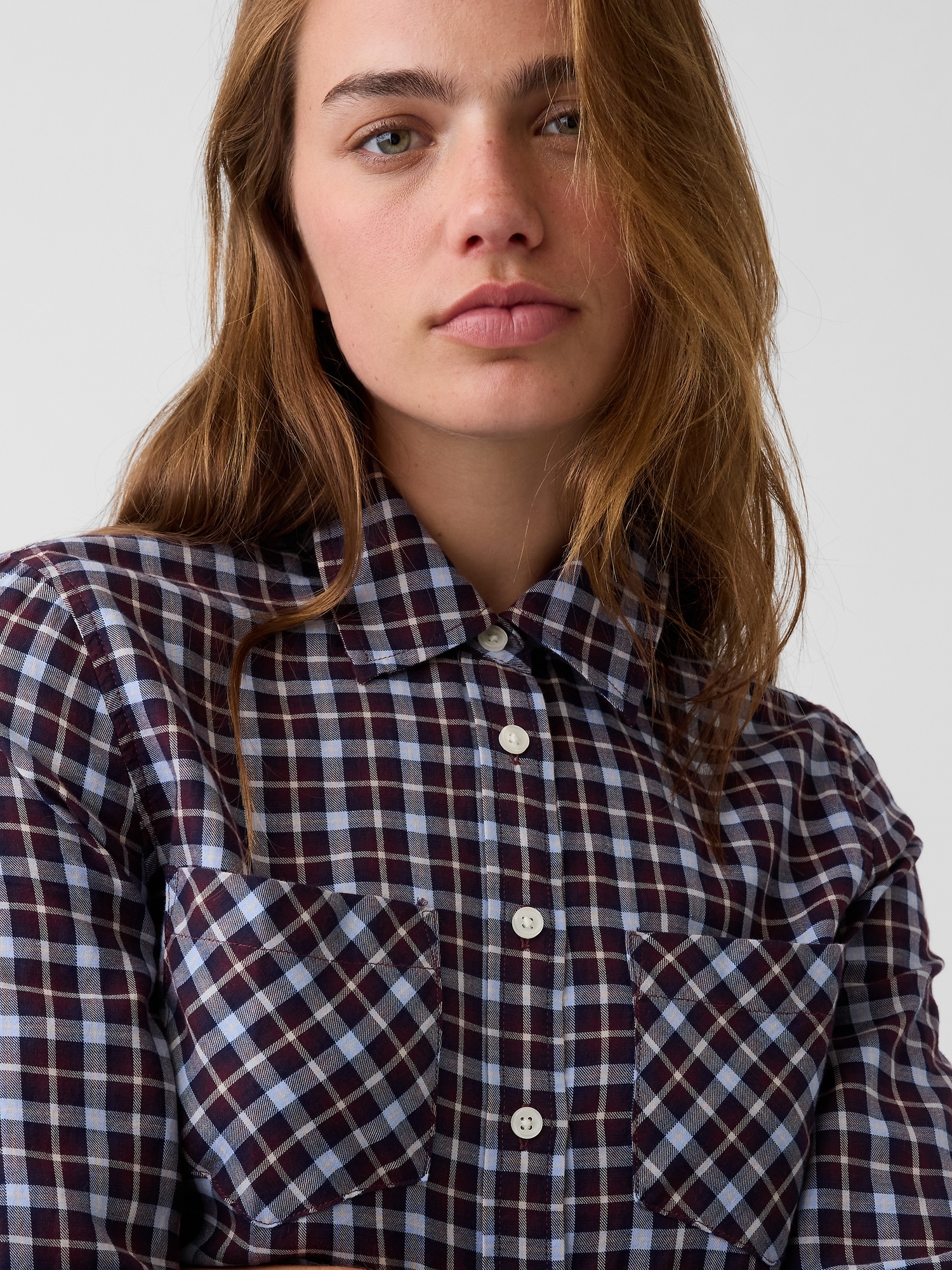 Женская рубашка Gap Plaid Western, цвет: Синий / Коричневый — фото 4