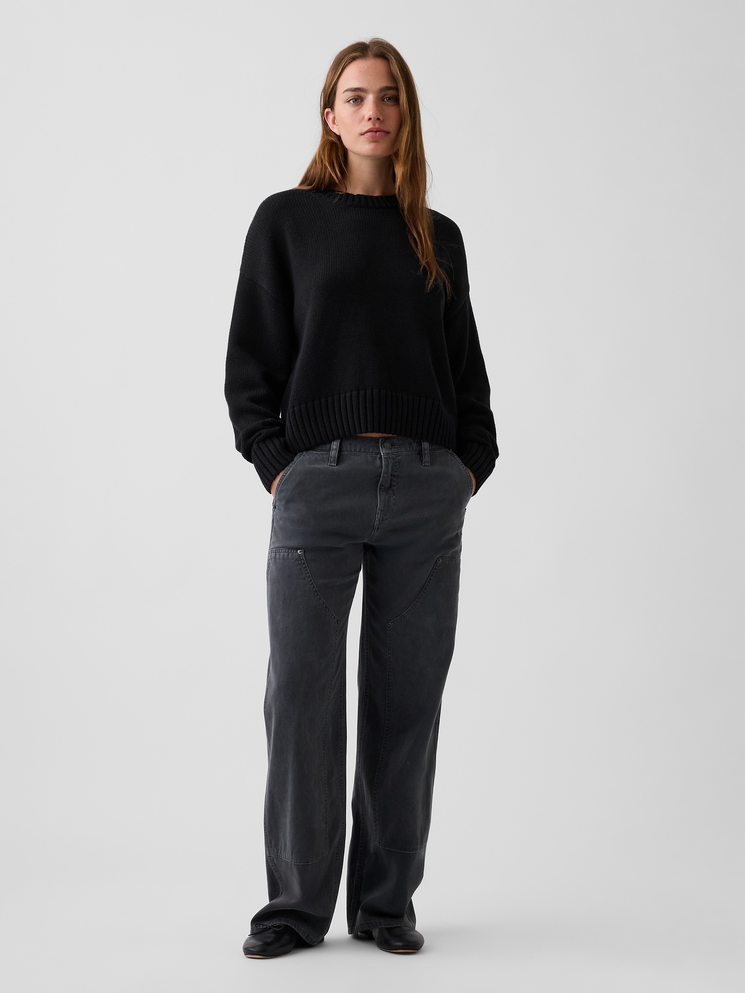 Женский свитер Gap 100% Cotton Oversized Crop Sweater, цвет: Чёрный — фото 2
