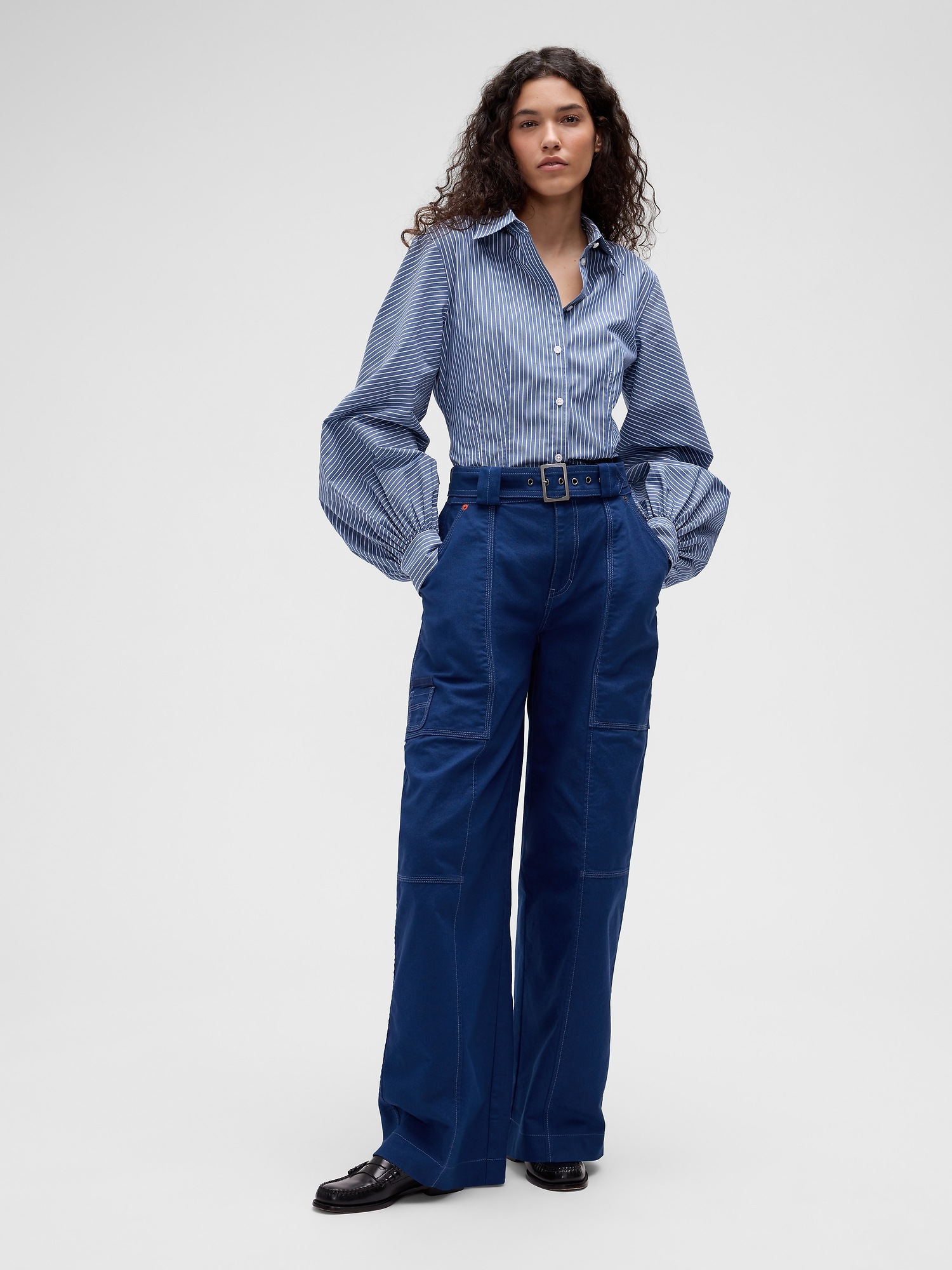 Женская рубашка Gap GapStudio Poplin Fitted, цвет: Синий полосатый — фото 3