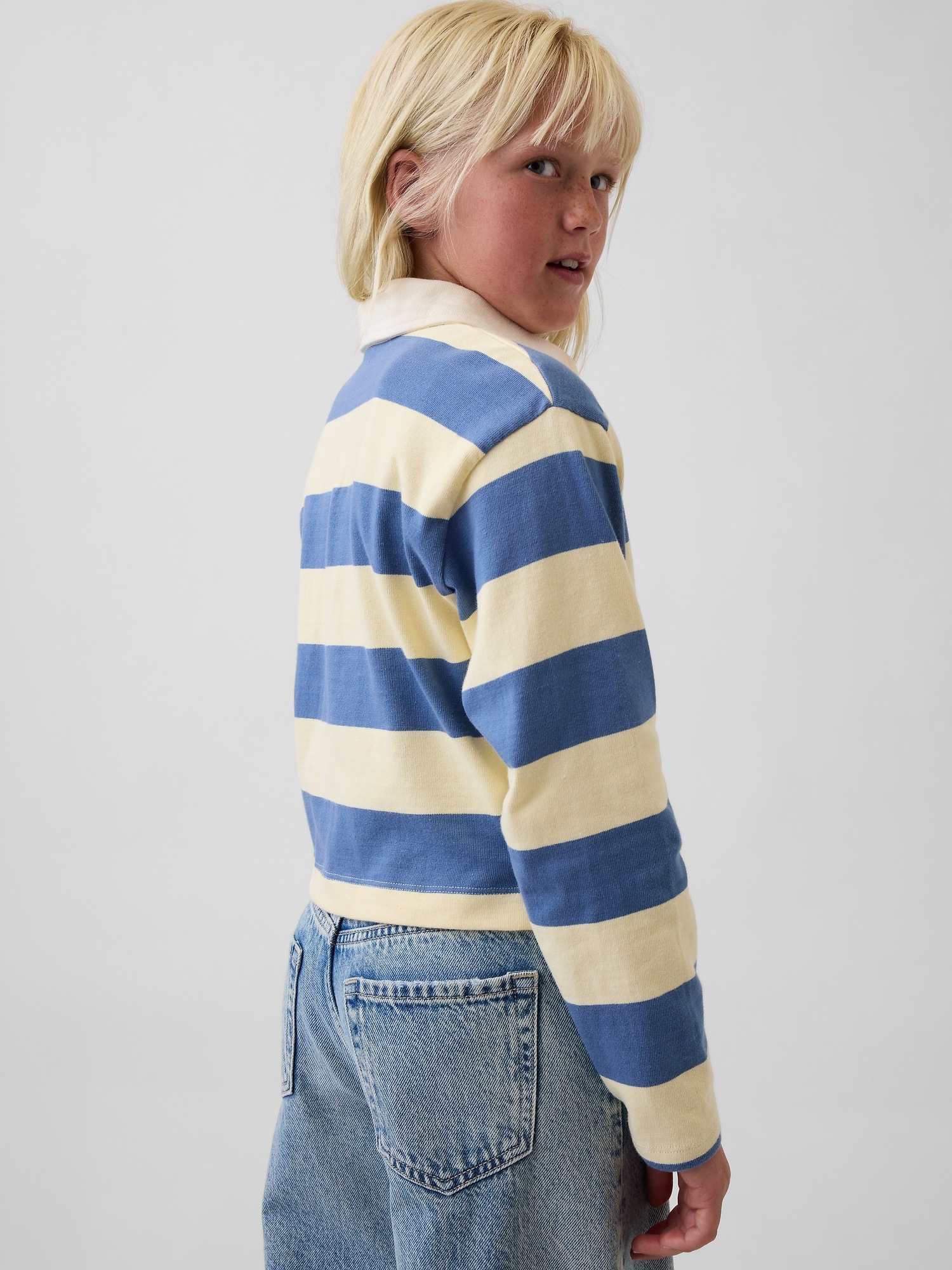 Детское поло Gap Oversized Rugby Stripe Polo Shirt, цвет: Синий жёлтый полосатый — фото 3