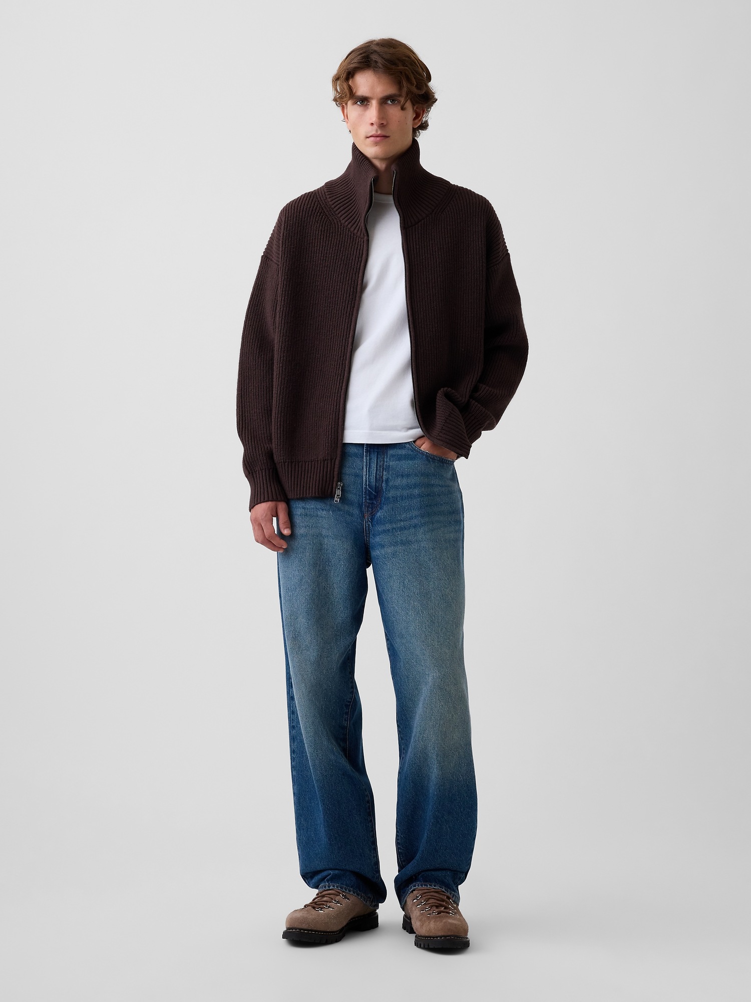 Мужской кардиган Gap Oversized Double-Zip Cardigan, цвет: Коричневый — фото 2