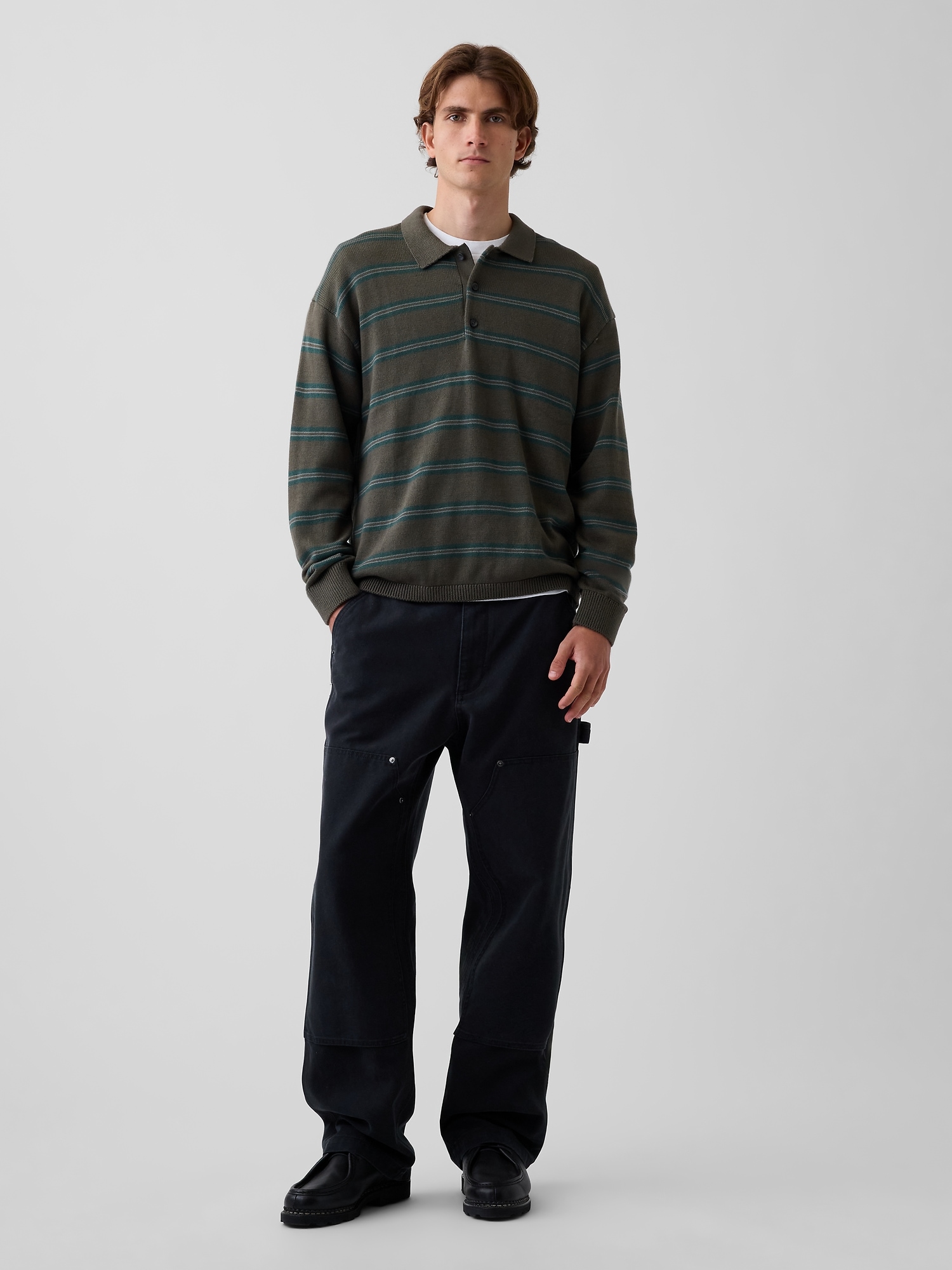 Мужской свитер Gap Relaxed Polo Sweater, цвет: Зелёный полосатый — фото 2