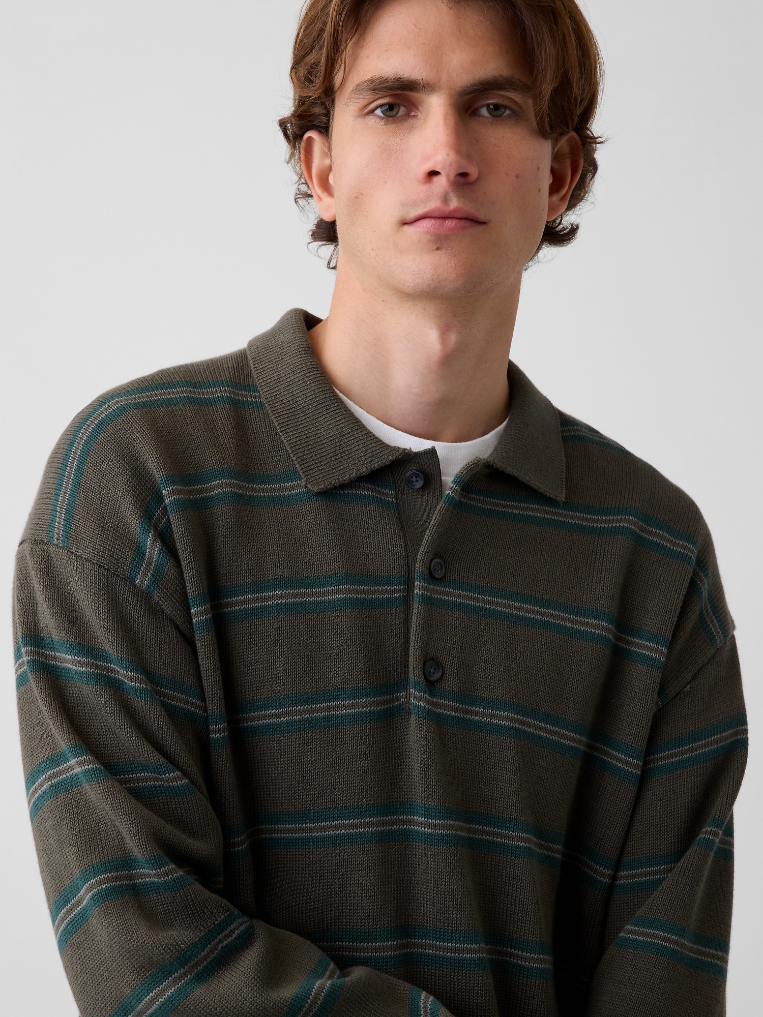 Мужской свитер Gap Relaxed Polo Sweater, цвет: Зелёный полосатый — фото 3