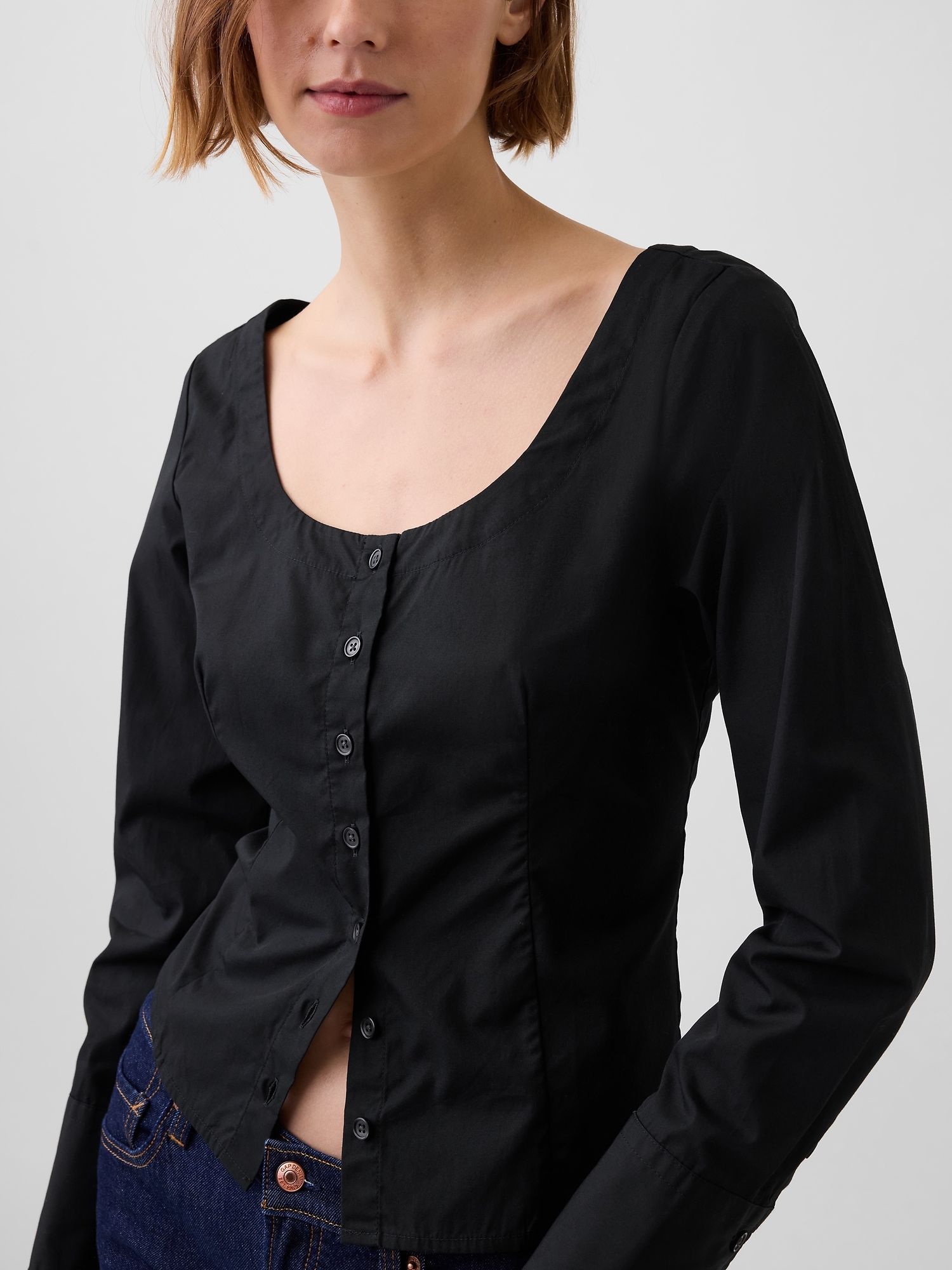 Женский топ Gap Organic Cotton Poplin Scoop Neck Top, цвет: Чёрный — фото 4