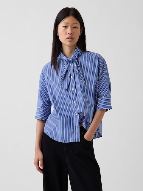 Organic Cotton Poplin Tie-Neck Shirt