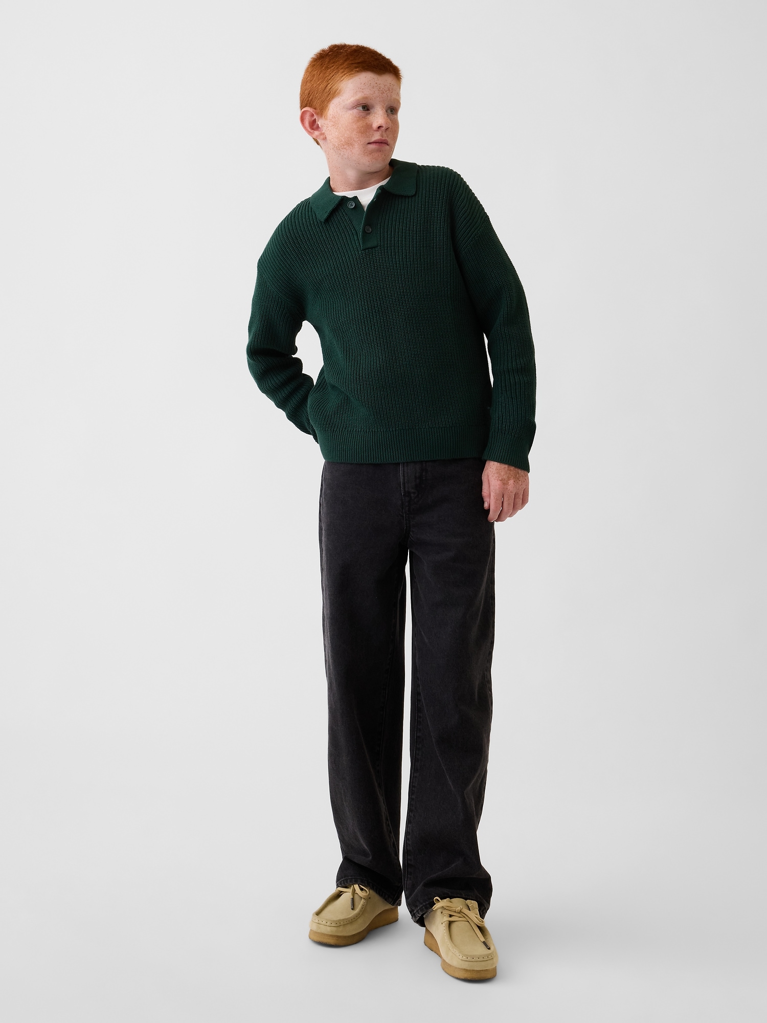 Детский свитер Gap 100% Cotton Relaxed Polo Sweater, цвет: Глубокий тёмно-зелёный — фото 4